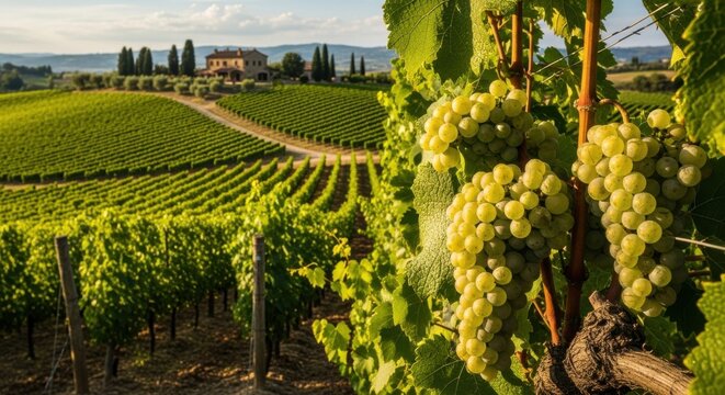 Ripe White Grapes in Tuscan Vineyard at Sunset