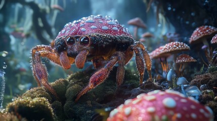 Colorful crab explores a vibrant underwater forest filled with mushrooms and glowing plants in a magical scene