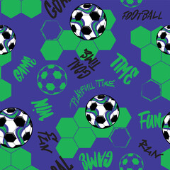 Seamless soccer pattern with football balls, hexagonal shapes, and graffiti-style words GOAL TIME, FUN, GAME, WIN, FOOTBALL. Dynamic sport vector design for kids t-shirts, apparel, and textiles.