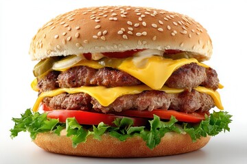 Juicy Towering Triple Beef Burger Creation Featuring Fresh Toppings and Melted Cheese on a White Table