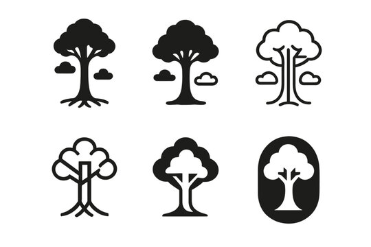 Tall Tree Logos. Tall tree reaching sky. Icon set. Set Logo of tall tree reaching sky: single oak tree under clouds. harmonious logo variations of the same