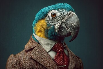 Portrait of a Macaw Dressed in Herringbone Tweed, a Crisp White Shirt, and Polka Dot Tie, Ready for a Formal Event