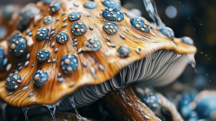 Colorful mushroom with blue spots growing in a forest near a stream on a sunny day