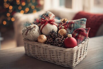 Wicker basket holding festive Christmas gifts, ornaments, and a pinecone on a warm blanket