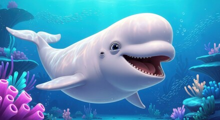 Adorable cartoon beluga whale swimming in vibrant coral reef
