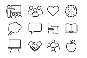 SEL Classroom Icons. SEL classroom. Line icon set of SEL classroom: teacher, students, heart, brain, thought bubble, speech bubble, desk, book, chalkboard,