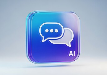 A glossy rounded square icon displaying a white speech bubble with ellipses and ai text showcasing communication concepts