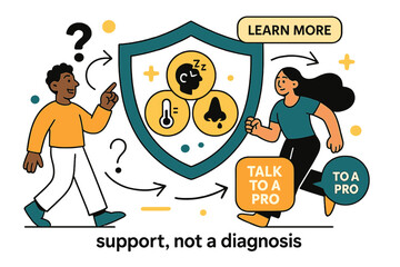 Obraz premium Health AI Q&A Scene. AI Assistants ? Health Q&A. A calm shield surrounds symptom icons; arrows route questions to a ?learn more? card and a ?talk to a pro?