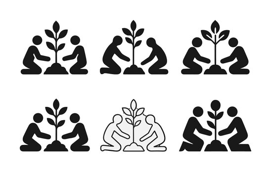 Reforestation Logo Set. Reforestation efforts and tree planting. Icon set. Set Logo of Reforestation efforts and tree planting: Tree with roots. harmonious