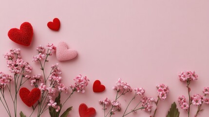 Romantic pink hearts and delicate flowers on a soft pink background