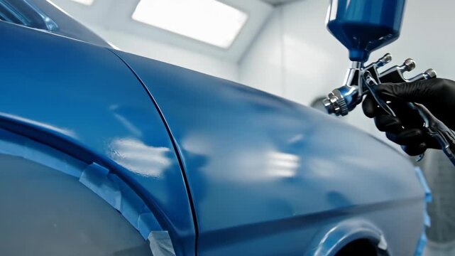 Professional mechanic hand holding spray gun painting car body panel with blue glossy paint in auto repair shop booth ensuring smooth finish for automotive industry service concepts