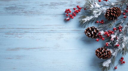 Winter scene with snowy blue wood, pine cones, and red berries for holiday decor ideas