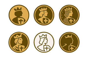 Antique Coin Logos. Starting a Collection of Antique Coins. Icon set. Set Logo of Antique Coin Collecting: treasure chest of coins. harmonious logo variations