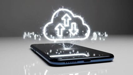 Smartphone lying flat on dark reflective surface featuring glowing neon white cloud icon with upload and download arrows symbolizing digital data storage and secure mobile cloud computing technology c - Powered by Adobe