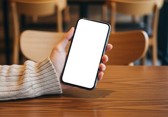 a close up shot of a hand holding a blank smartphone screen in a cafe setting with blurred wooden furniture