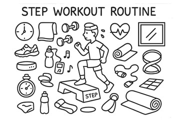 Step Workout Essentials. Step Workout Routine. Hand-drawn doodle illustration Step Workout Routine aerobic step, person exercising, dumbbells, sneakers, towel,
