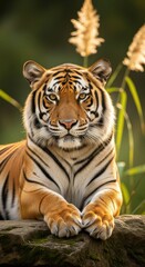 Obraz premium Majestic Tiger Resting on Mossy Rock in Soft Sunlight