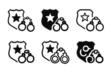 Police Arrest Icons. Person Arrested on Suspicion of Crime. Icon set. Set Logo of Arrest Scene: police badge and cuffs. harmonious logo variations of the same