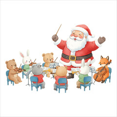 Santa Claus Conducting Orchestra Watercolor Vector Isolated on White Background
