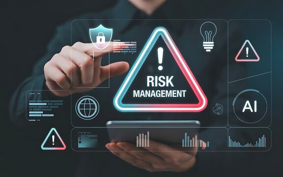 Businesswoman interacting with digital risk management hologram interface on dark background, representing futuristic data security concept. Diagram