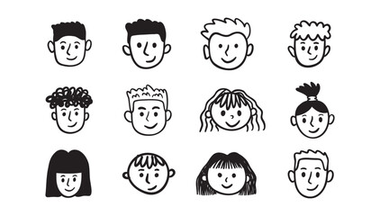 Fototapeta na wymiar Kids faces portraits set. freehand kids pencil drawing elements. Comic child funny doodle faces set.