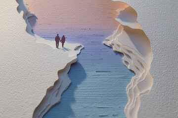 Beautiful layered 3D paper art landscape featuring a romantic couple walking along seaside cliffs.