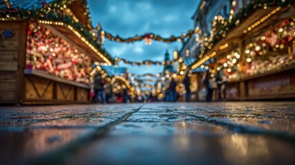Christmas market stalls creating a festive atmosphere with glowing lights reflecting on the wet ground