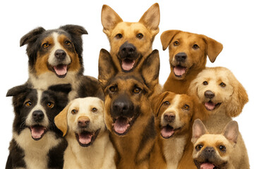 Diverse group of happy dogs posing closely, showing expressions of joy and friendship, celebrating pets and animal connection