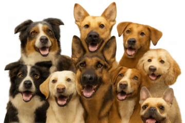 Diverse group of happy dogs posing closely, showing expressions of joy and friendship, celebrating pets and animal connection