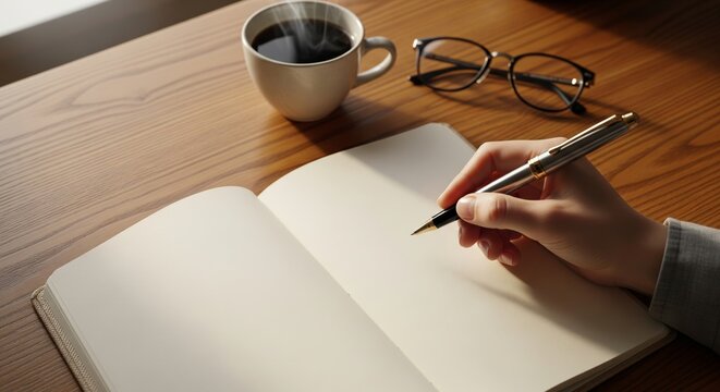 Handwriting in Notebook with Pen on Wooden Table. hand holding a luxury pen, writing in an open, blank notebook or journal on a wooden desk. Cup of coffee and glasses are placed nearby.