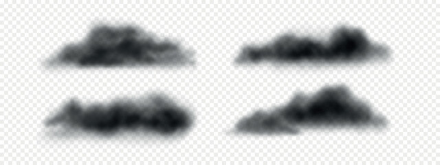 Black PNG realistic clouds. Set of dark clouds, smoke, fog isolated on white background