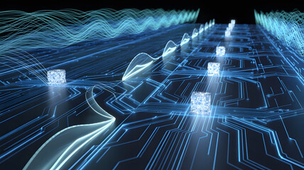 Digital Highway: A futuristic digital highway, illuminated with neon lights, showcasing data flow and technological advancements.