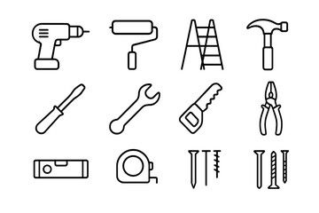 Obraz premium Home Improvement Tools. Home improvement. Line icon set of Home improvement: drill, paint roller, ladder, hammer, screwdriver, wrench, saw, pliers, level, tape