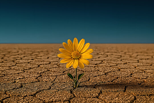 A lone flower stands in the middle of a vast desert. This scene is a symbol of hope and resilience.