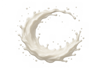 White milk splashing in a circular motion, creating droplets and a dynamic liquid swirl on transparent background