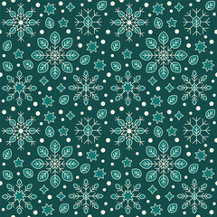 A seamless vector flat pattern featuring eco-themed Christmas snowflakes, leaves, stars, and dots in a clean, minimal winter design.
