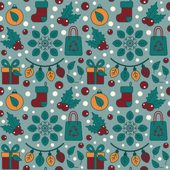 A seamless vector flat pattern featuring eco-friendly Christmas elements such as gifts, stockings, holly, leaves, snowflakes, ornaments, and reusable bags in a festive, nature-inspired design.
