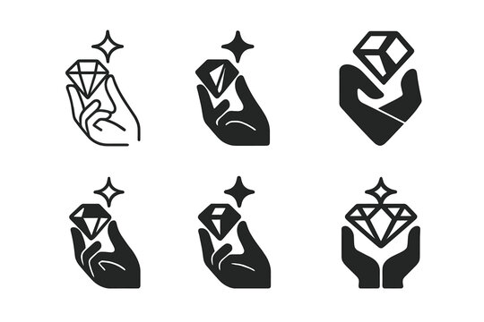 Jewelry Logo Variations. Creating jewelry. Icon set. Set Logo of creating jewelry: artisan hand holding a gemstone with sparkle. harmonious logo variations of