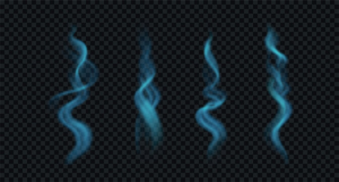 Glowing, wavy incense smoke and steam. Blue curved vapor isolated on transparent background