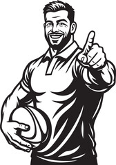 Confident smiling bearded rugby player holding a ball and pointing upwards in a monochrome vector style.
