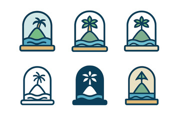 Fantasy Island Logos. escapism in marketing. Icon set. Set Logo of escapism in marketing: fantasy island under glass dome. harmonious logo variations of the