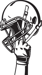 A gloved hand raises an American football helmet in a gesture of victory or celebration, depicted in a black and white graphic style.