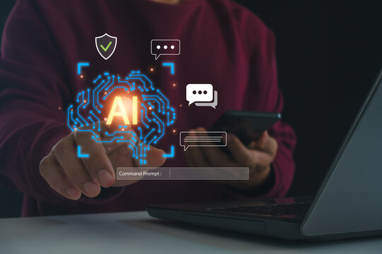 Person interacts with an AI interface displaying glowing digital elements, highlighting modern technology, cybersecurity and intelligent communication for innovative digital solutions.