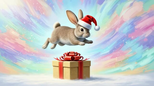 Cute rabbit wearing Santa hat hopping over gift box in festive winter scene. Holiday greeting animal concept.