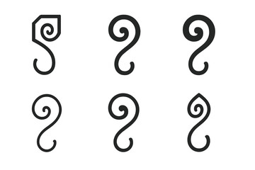 Decorative Curtain Hook Icons. Curtain hook. Icon set. Set Logo of curtain hook: decorative hook design with ornamental curve. harmonious logo variations of