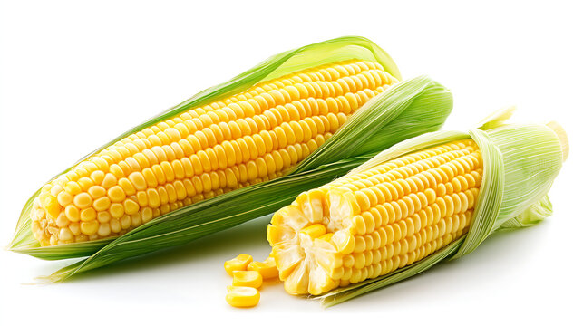 Two Ears Of Corn On White Background With Husk And Kernels Sweet Corn Still Life Healthy Food Vegetarian Food Freshness Agriculture Harvest Corn On Cob Grains Maize