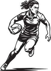 Monochrome illustration of a female rugby player running with the ball.