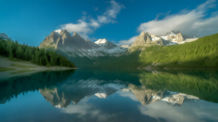 Serene Mountain Lake: A breathtaking panorama unfolds as majestic snow-capped mountains rise above a tranquil lake, mirroring the clear blue sky and fluffy clouds in its calm surface.