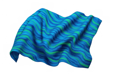 Blue and green flowing fabric with wavy stripes creating a dynamic abstract textile background on transparent png surface