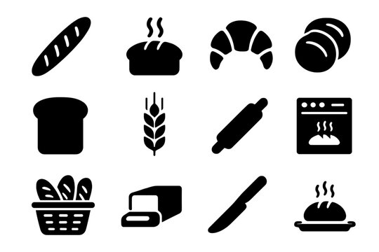 Fresh Bread Icons. Freshly baked bread. Solid icon set of freshly baked bread: baguette, loaf, croissant, bread roll, slice, wheat stalk, rolling pin, oven,
